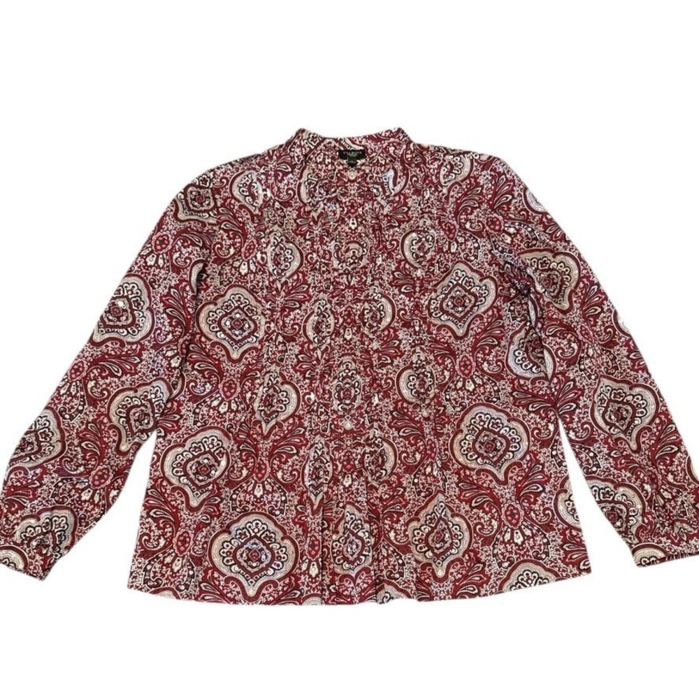 Talbots Petite Paisley Print Blouse Pintuck Pleats Silver‎ Sequins Size L Boho